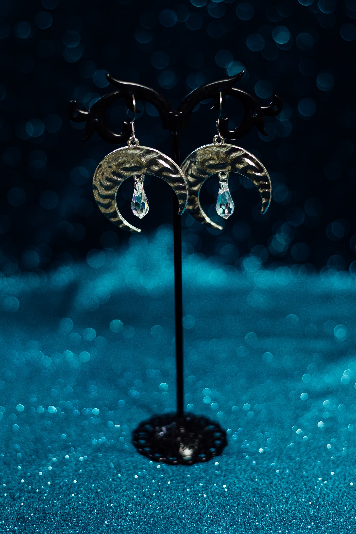 Silver Hammered Crescent Moon w/Swarovski Crystal
