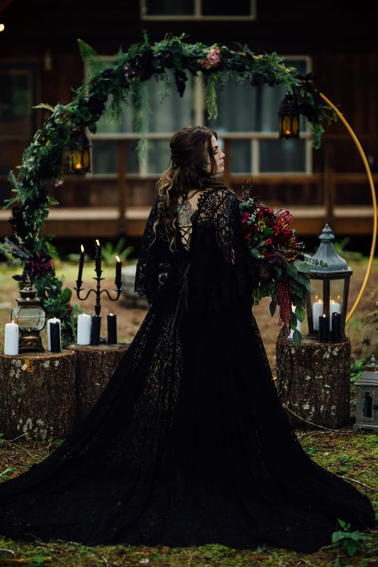 Adjustable size black lace dress with trim detail & flowy sleeves