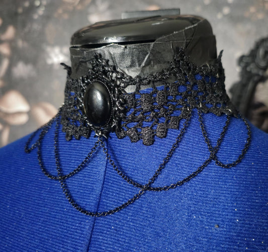 Gothic Lace Choker with Statement Gem & Chains