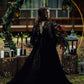 Adjustable size black lace dress with trim detail & flowy sleeves