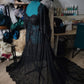 Adjustable size black lace dress with trim detail & flowy sleeves